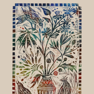 "Still Life with Birds" Linoleum Cut. 6" x 8" (Original printed on kitikata paper)