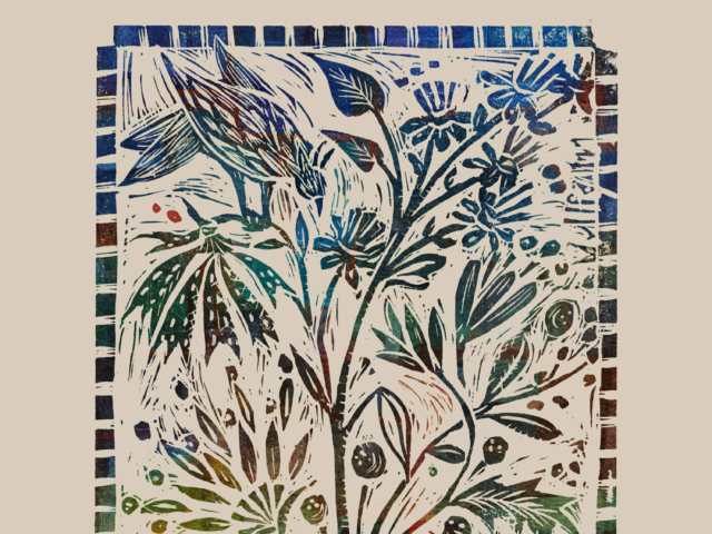 "Still Life with Birds" Linoleum Cut. 6" x 8" (Original printed on kitikata paper)