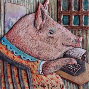 "Agnes Types Her Memoirs". Hand Carved Ceramic Tile. 4 x 4 in. &copy;Julia Mulligan