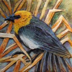 "Black Bird" Hand Carved Ceramic Tile. 4 x 4 in.