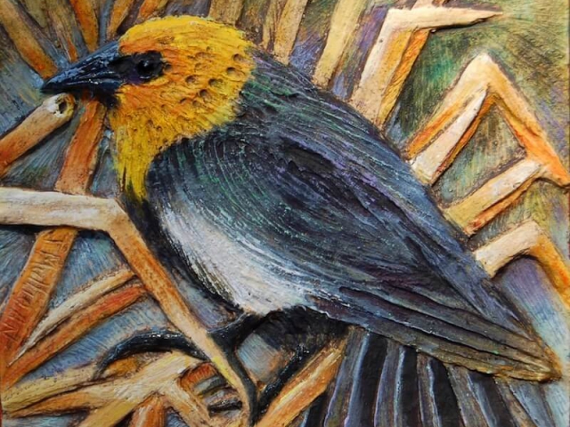 "Black Bird" Hand Carved Ceramic Tile. 4 x 4 in.