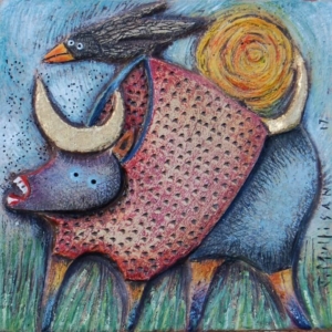 "Bull and Bird" Hand Carved Ceramic Tile. 4 x 4 in.