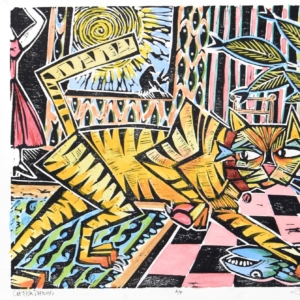 "Cat-Fish Dreams", Hand Colored Linoleum Cut. 8" x 6.75" &copy;Julia Mulligan