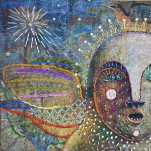 Detail, "The Annunciation". Original image printed on linen, hand embroidered.  Image size, 8.5 x 11 inches.