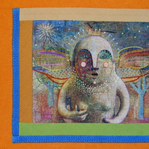 "The Annunciation". Original image printed on linen, hand embroidered.  8.5 x 11 inches.