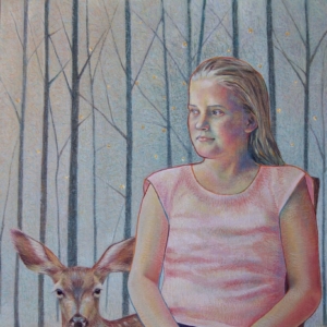 "Lucy and the Fawn". Oil, silver and gold leaf on board. 16" x 20" &copy;Julia Mulligan