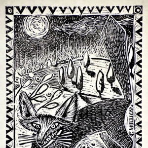 "Still Night with Fox and Mouse". Linocut 6" x 8" (original print on kitikata)
