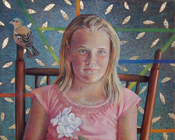 "White Orchid" (Portrait of Lucy K. age 11.) Oil on canvas. Gold and silver leaf. 16 x 20 inches. Sold.