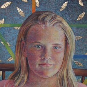 Detail. "White Orchid" (Portrait of Lucy K. age 11.) Oil on canvas. Gold and silver leaf. 16 x 20 inches. Sold.