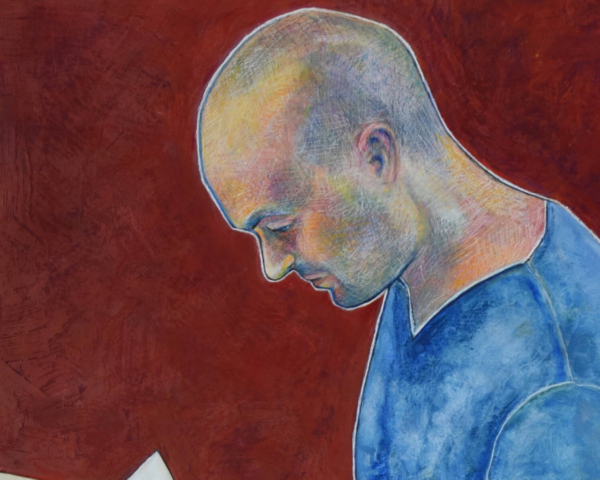 Detail, "Young Man Reading" 15.5 x 22.75 , Oil on board, collage ©Julia Mulligan