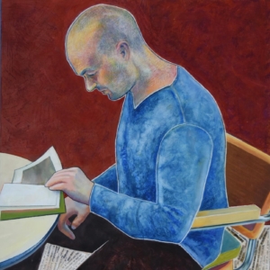"Young Man Reading" 15.5 x 22.75 , Oil on board, collage &copy;Julia Mulligan