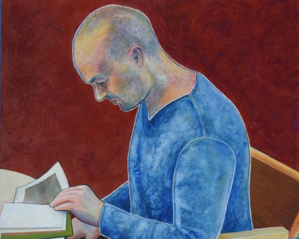 "Young Man Reading" 15.5 x 22.75 , Oil on board, collage ©Julia Mulligan