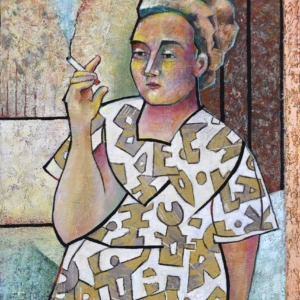 "Woman Smoking" Oil and Pastel on Ceramic, 15 x 22 inches. &copy;Julia Mulligan
