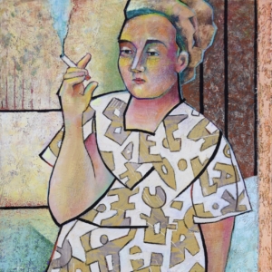 "Woman Smoking" Oil and Pastel on Ceramic, 15 x 22 inches. &copy;Julia Mulligan