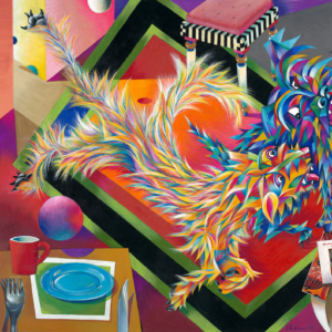 "Dinner with Maggie and Sparkie". Gouache on Paper. &copy; Julia Mulligan. 24" x 18"