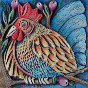 "Hen in a Fig Tree". Hand Carved Ceramic Tile. 4 x 4 in.