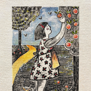 "In the Orchard".  Linoleum print on hemp, hand colored