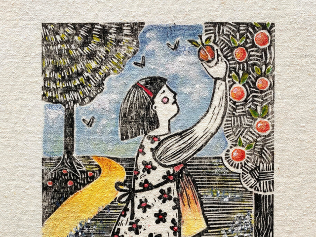 "In the Orchard".  Linoleum print on hemp, hand colored