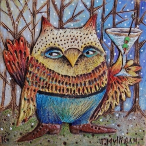 "Owl on the Make" Hand Carved Ceramic Tile. 4 x 4 in. &copy;Julia Mulligan