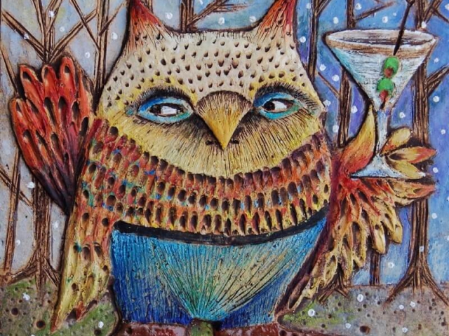 "Owl on the Make" Hand Carved Ceramic Tile. 4 x 4 in. ©Julia Mulligan