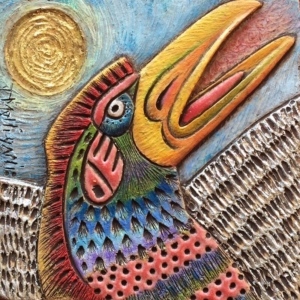 "Phoenix" Hand Carved Ceramic Tile. 4 x 4 in. &copy;Julia Mulligan