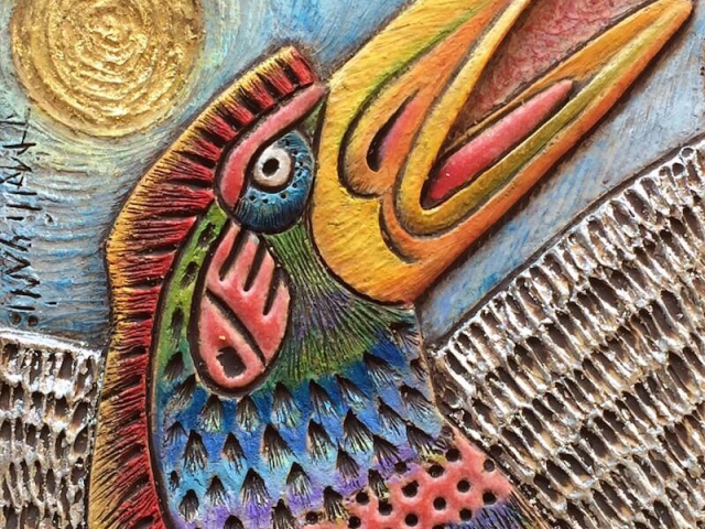 "Phoenix" Hand Carved Ceramic Tile. 4 x 4 in. ©Julia Mulligan