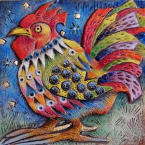 "Night Rooster" Hand Carved Ceramic Tile. 4 x 4 in. &copy;Julia Mulligan