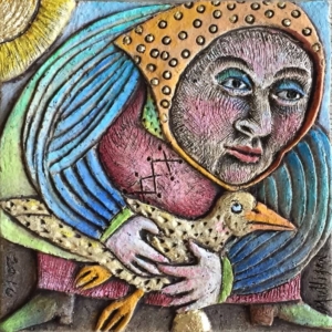 "The Golden Egg". Hand Carved Ceramic Tile. 4 x 4 in. &copy;Julia Mulligan