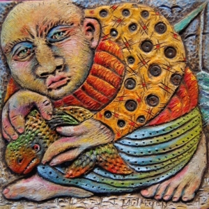 "The Jealous Fisherman". Hand Carved Ceramic Tile. 4 x 4 in. &copy;Julia Mulligan