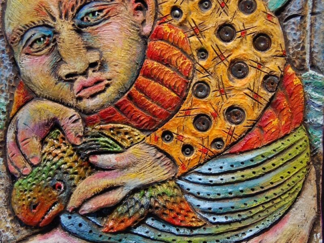 "The Jealous Fisherman". Hand Carved Ceramic Tile. 4 x 4 in. ©Julia Mulligan