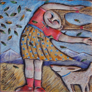 "The Windy Day". Hand Carved Ceramic Tile. 4 x 4 in. &copy;Julia Mulligan