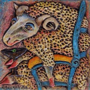 "Tipsy Ramsy". Hand Carved Ceramic Tile. 4 x 4 in. &copy;Julia Mulligan