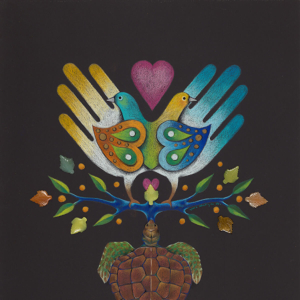 "Two Turtle Doves" Colored pencil on paper with carved stone leaves. Illustration. &copy; Julia Mulligan. 2005