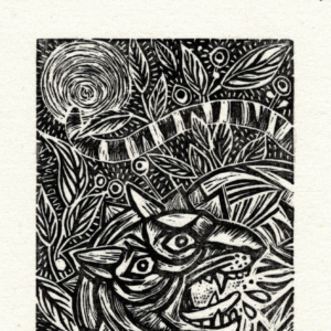 "Tyger Tyger" Linoleum print on hemp. 5 x 8 inches