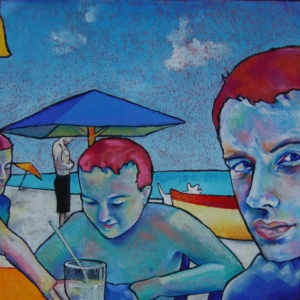 "Boys At the Beach". Oil Pastel and Gouache. 18 x 18 in. &copy;Julia Mulligan