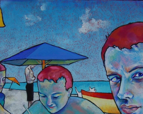 "Boys At the Beach". Oil Pastel and Gouache. 18 x 18 in. ©Julia Mulligan