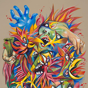 "The Cock Fight". Gouache on Paper. &copy; Julia Mulligan. 18 x 26 inches