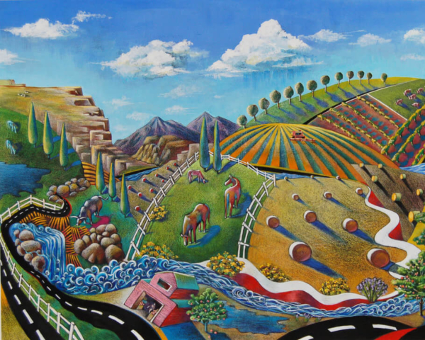 "On the Road to Palisade". Gouache and Colored Pencil on Paper. 19" x 28.5"