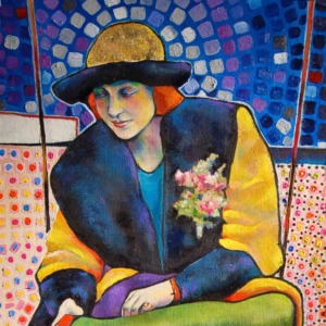 "Madonna With Red Shoes". Oil and gold leaf on board. 12 x 22. &copy;Julia Mulligan.