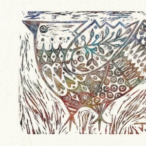 Holiday linoleum print on hemp &copy;Julia Mulligan