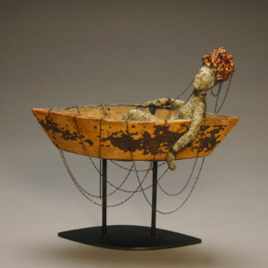 "Adrift" Ceramic, chain, gold leaf, iron base. 11 x 4.5 x 11.5 inches. Hand built. &copy;Julia Mulligan