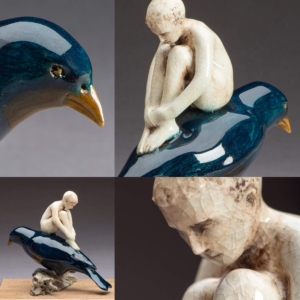 Details, "I Wish I Had a Bird I Could Fly Away On". Porcelain. Hand built. 7 x 5.5 x 7.5 inches. &copy;Julia Mulligan