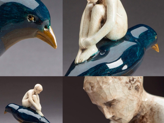 Details, "I Wish I Had a Bird I Could Fly Away On". Porcelain. 7 x 5.5 x 7.5 inches. ©Julia Mulligan