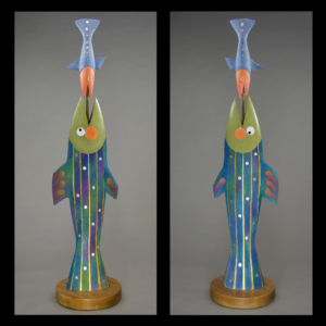 "Big Fish Little Fish" Ceramic, brass, wood base. 5" x 11" x 42"