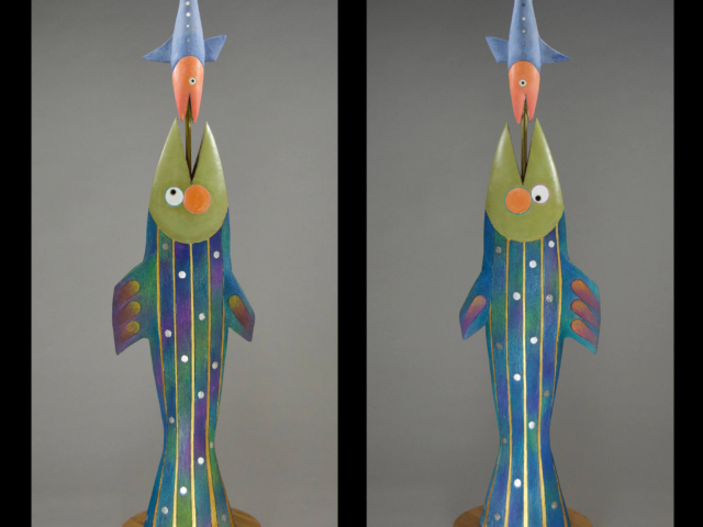 "Big Fish Little Fish" Ceramic, brass, wood base. 5" x 11" x 42"