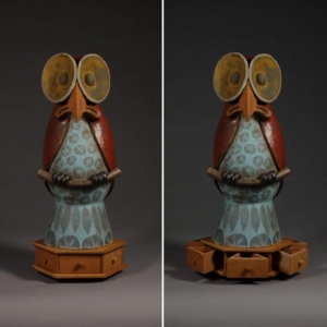 "Decisions, decisions..." Ceramic, found box (wood) base. Hand built. 7 x 7 x 17.5 inches &copy;Julia Mulligan