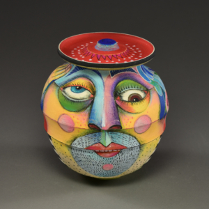 "The Suitor" Lidded Container. Porcelain, Underglaze. 6 x 5 inches, &copy;Julia Mulligan