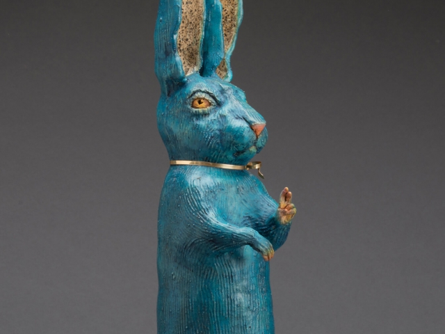 "Rabbit-Rah" 4 x 6.5 x 19 in. Ceramic, gold wire. ©Julia Mulligan. Sold.