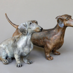 "Two Dachsunds". Ceramic. 2016. Each approximately 8 x 4.5 x 2 inches. Hand Built. Sold, Private Collection.