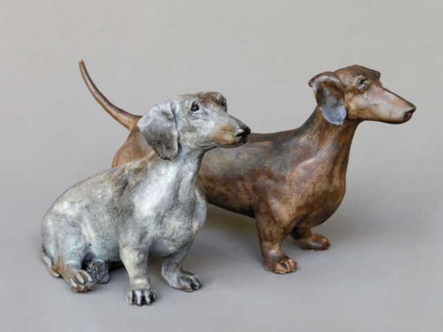 "Two Dachsunds". Ceramic. 2016. Each approximately 8 x 4.5 x 2 inches. Sold, Private Collection.